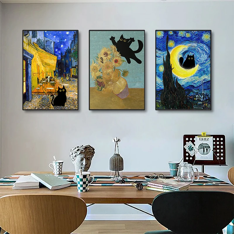 Famous Painting Black Cat Gallery Wall Set Van Gogh Munch Mona Lisa Funny Cat Canvas Prints Living Room Cat Cafe Decor Unframed