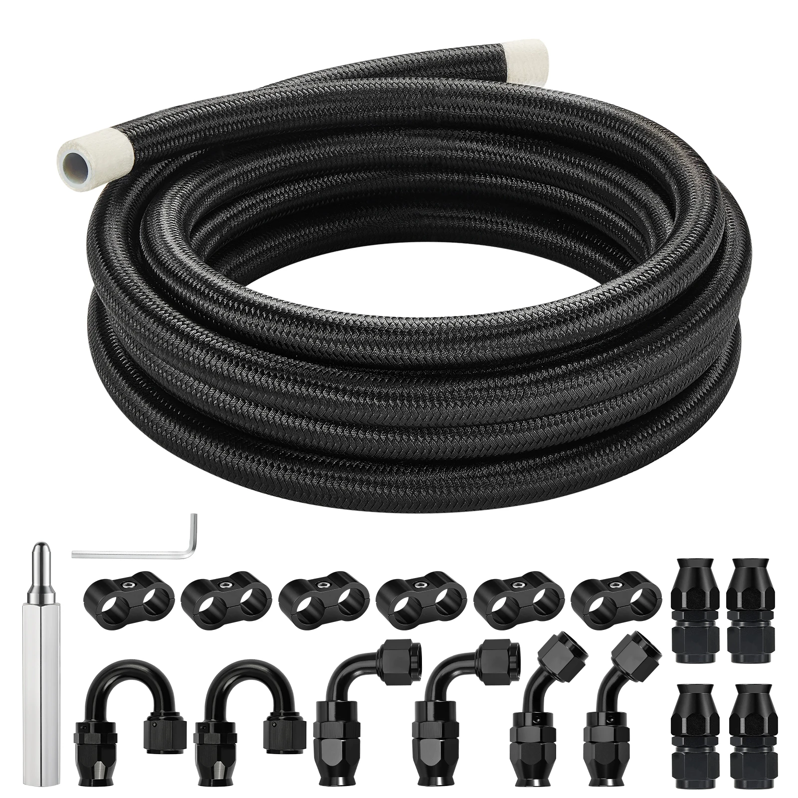 

6AN -AN6 10FT E85 Nylon Braided PTFE Fuel Line w/ 10 Fittings Hose Aluminum Kit, Car Accessories