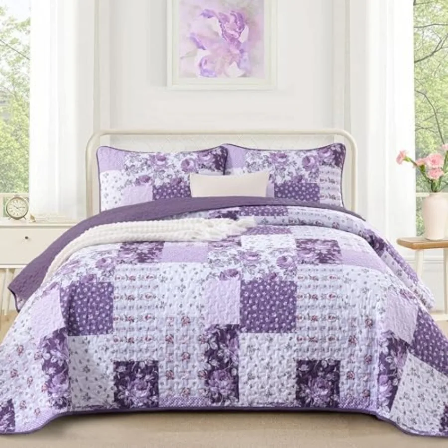 

Floral Patchwork Quilts Size Flower Plaid Bedspreads with Double Pillowcases 3Pieces Boho Farmhouse Floral Coverlet Set Soft Li