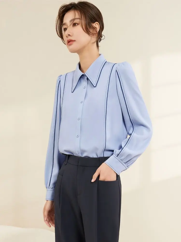 Blue Western Style Shirt for Women Spring and Autumn New Fashion French Style Top Chiffon Oversized Long Sleeved Shirt for Women