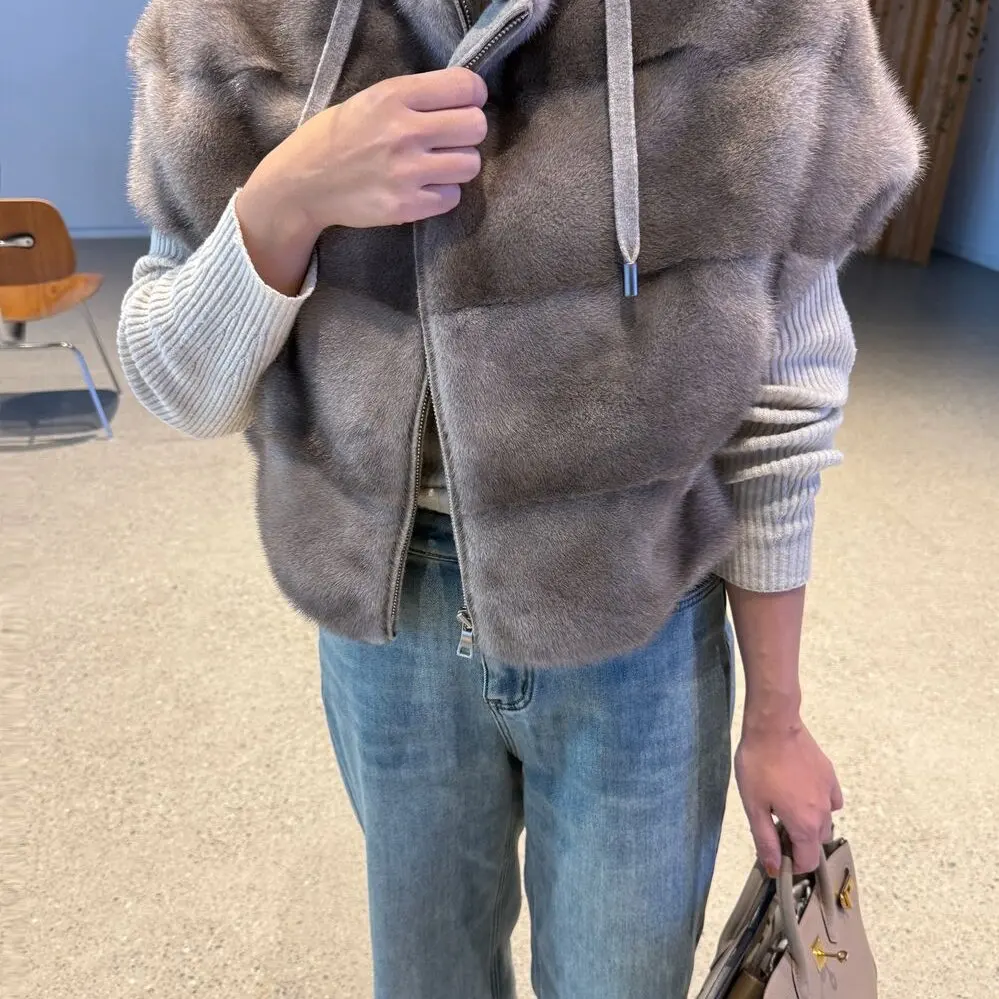 

Faux Fur Mink Jaet Vest with Hood Detachable Women's Casual Sle Polyester Fiber Straight Tube pe Winter Collection