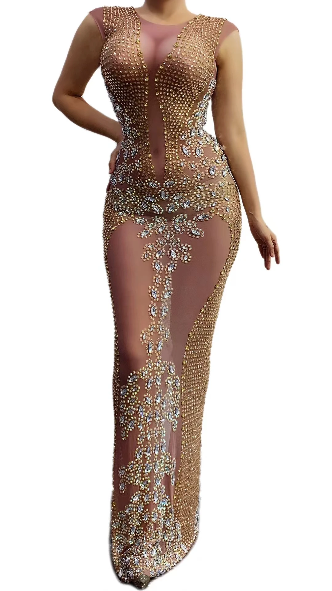 Robe longue transparente en maille avec strass dorés scintillants pour femmes, tenue de fête d'anniversaire, tenue de chanteur, Bar, soirée, bal, A082