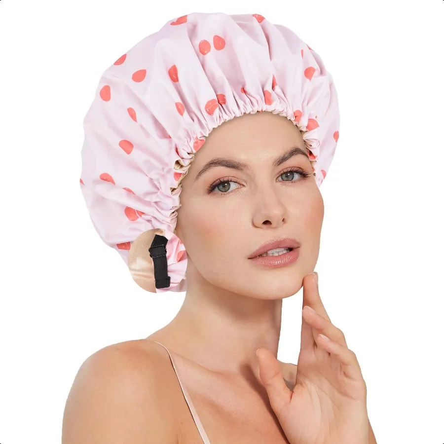 

Шапочка для душа, большие шапочки для душа для женщин, многоразовые, водонепроницаемые, с регулируемой лентой, двойная, большая, роскошная, моющаяся, для ванны, для волос