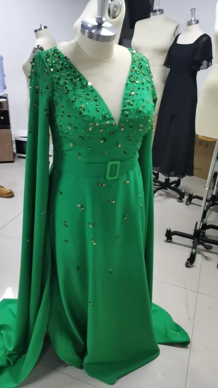 Mirror Dress Elegant Vintage Sexy Green Sequins Beading V-Neck Belt Customize Formal Occasion Prom Dress Evening Party Gowns