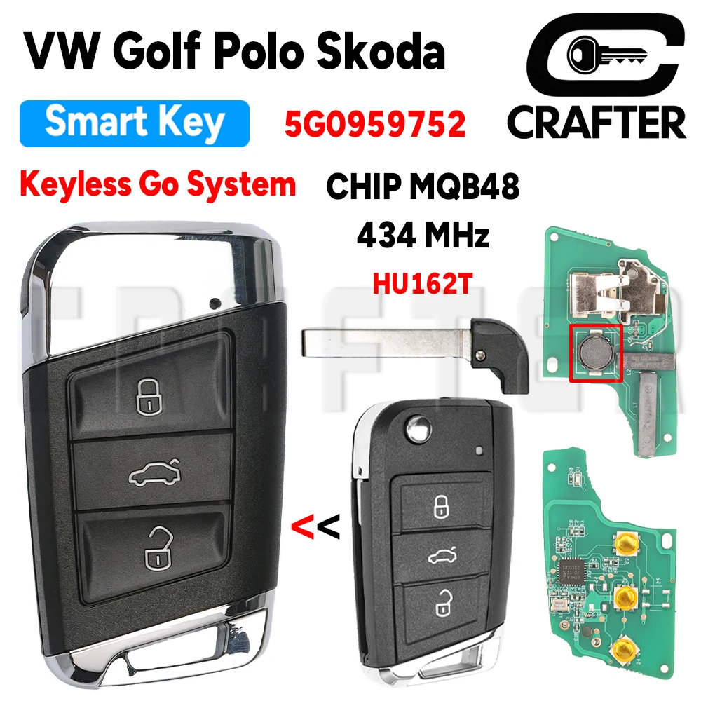 

Key Crafters 5G0959752 CHIP MQB48 434MHz Smart Car Key Modified Shell For VW Golf MK7 Tiguan Skoda KeylessGo System Blade HU162T