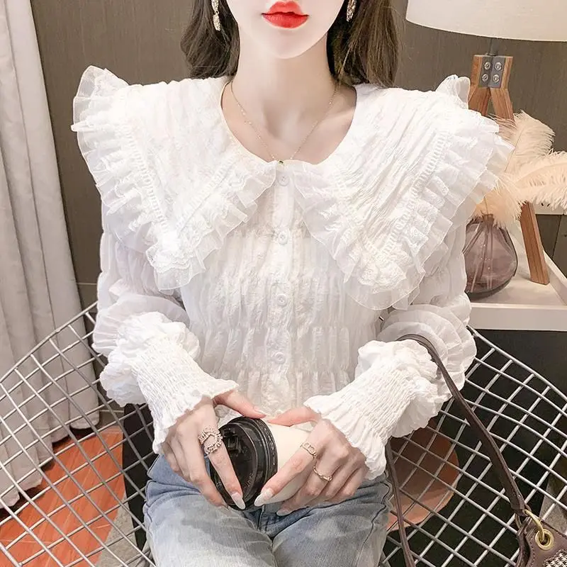 Sweet Peter Pan Collar Lace Folds Princess Sleeve Shirts Female Clothing 2024 Spring New Loose Korean Tops Office Lady Blouses