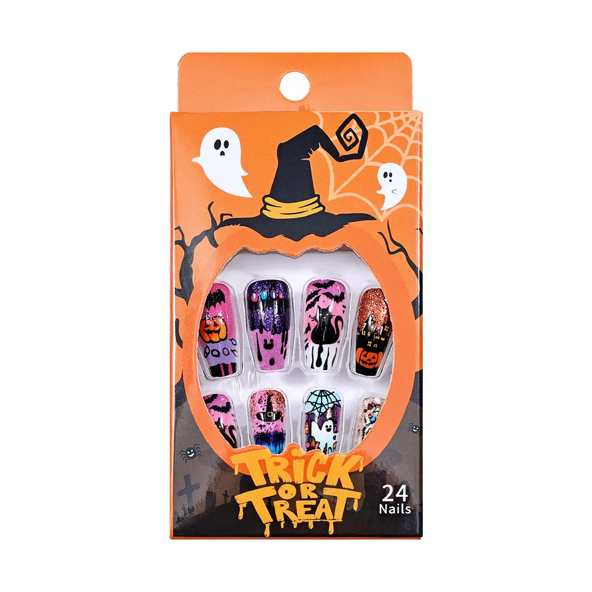 24 Uds. De uñas postizas con diseño de fantasma y lentejuelas doradas, uñas postizas para Halloween, ataúd de Ballet largo europeo, prensa usable en las uñas