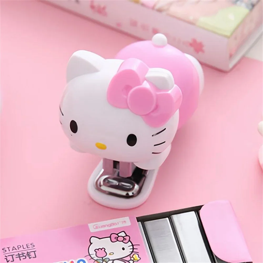 Set staples Hello Kitty dua warna lucu kartun KtCat, bahan siswa kertas tes mesin pengikat Mini Kawaii