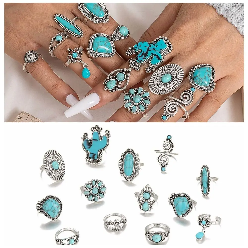 

14 pcs/set Vintage Cactus Turquoise Rings Carving Ethnic Style Bohemia Style Ring Nature Stone Square Open Ring Women