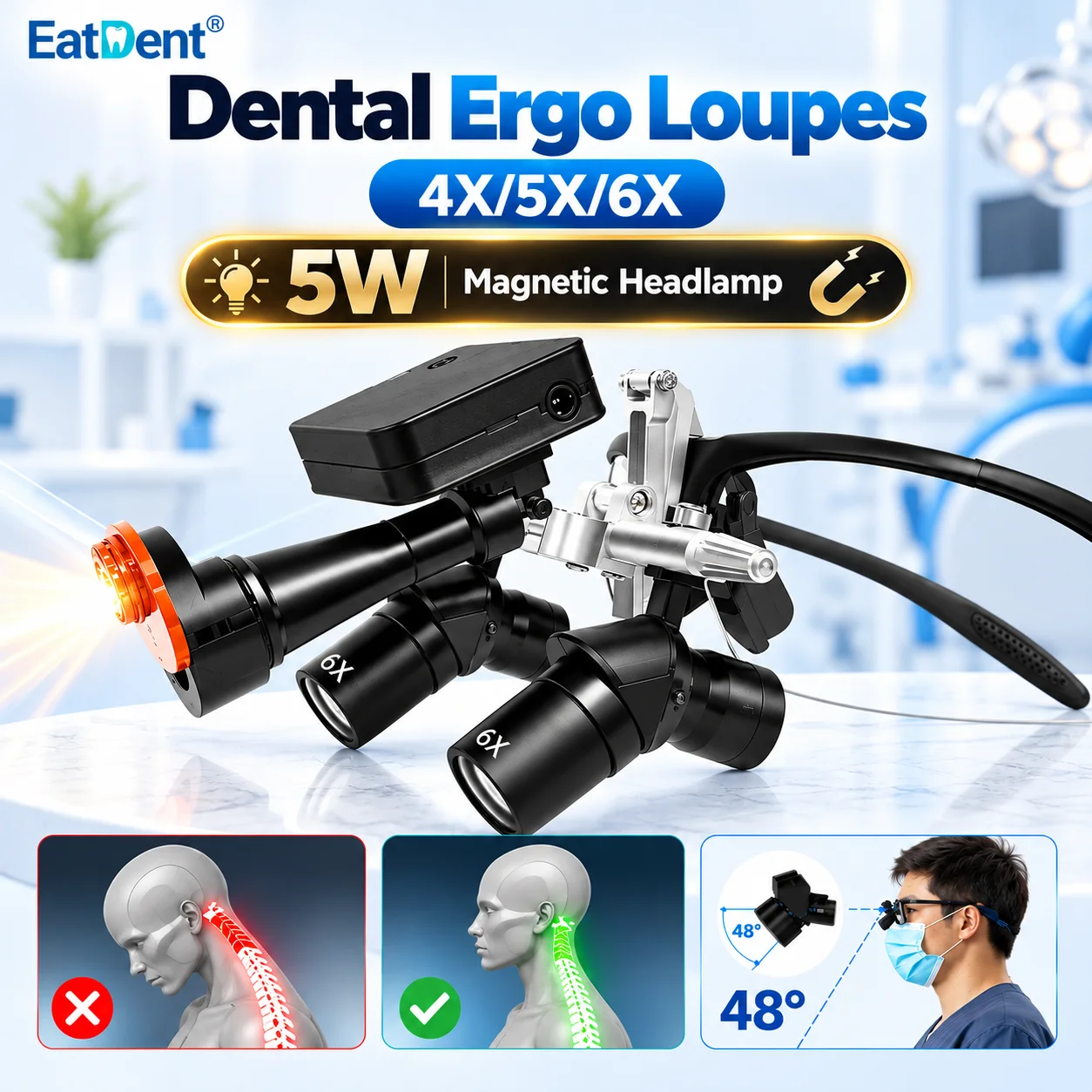 Dental Ergo Loupes 4X5X6X Medical Magnifying Glass 48 ° Optical Loupe Oral Surgery Turret Reduces Flip Up Loupes With Headlight