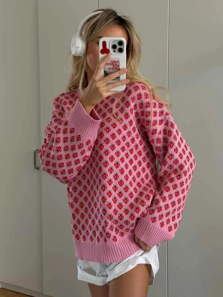 Jersey de punto con estampado de fresa para mujer, jersey de manga larga con cuello redondo, cálido y holgado, para salir a la calle, para otoño