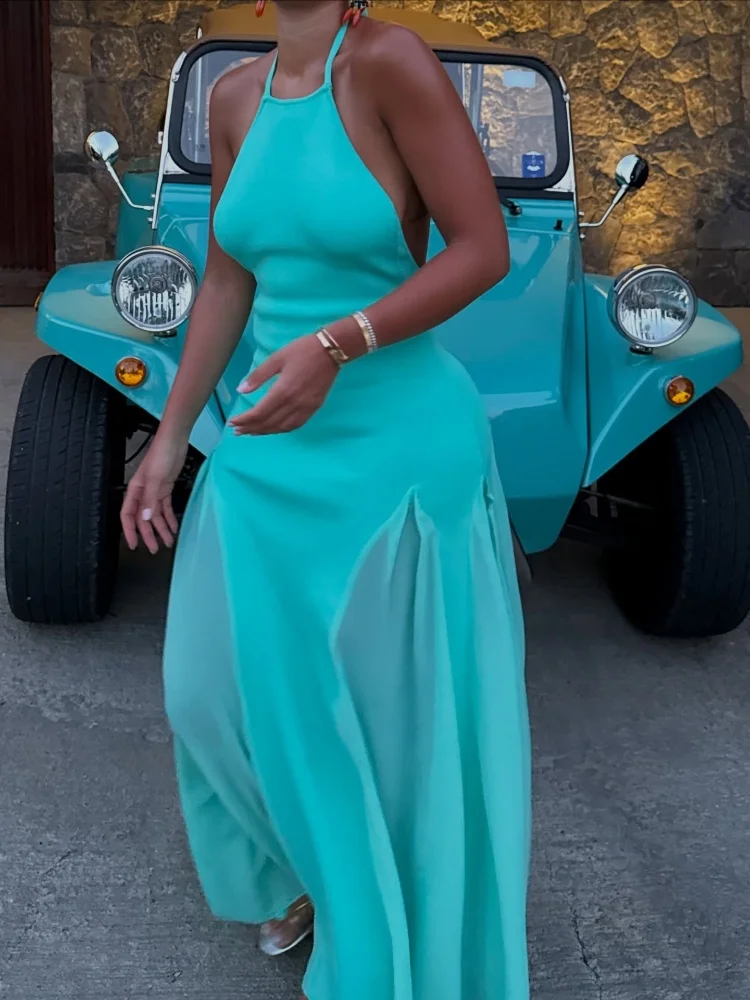 Damen Neckholder-Maxikleid mit offenem Rücken, geripptem Strickoberteil und fließendem Chiffon-Saum – figurbetontes Sommer-Abendkleid für Urlaub und Party – Detail 12
