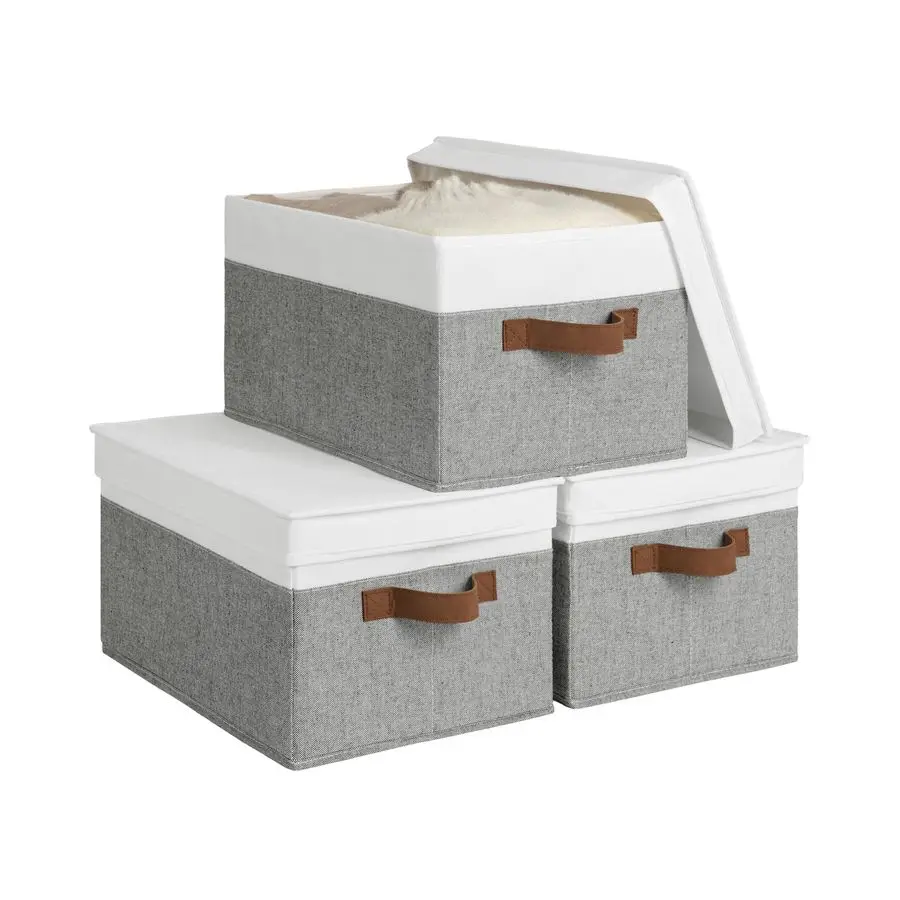 

Decorative Storage Boxes with PU Handles, Storage Bins with Lids, Foldable Storage Baskets for Closet, Shelves, Stackable, Gray