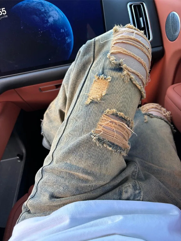 

Summer Thin Men's Jeans Yellow Mud Color Hole Washed American High Street Straight Tube Pants Casual Loose Fit Jeans