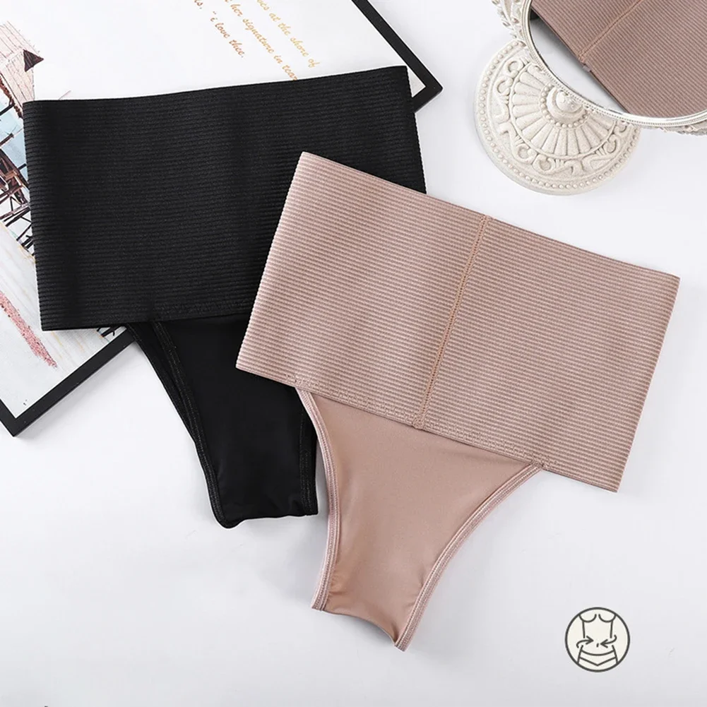 

High Waist Elastic Tummy Control Non-Rolling Breathable Briefs Elastic Intimates Shapewear Panties Female Slim Thongs Flat 2025