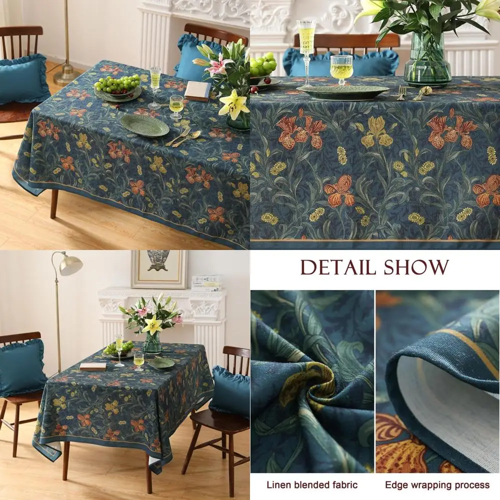 

Elegant Dark Blue Linen Tablecloth with French Rustic Florals for Kitchen, Dining, and Festive Occasions, 55x79