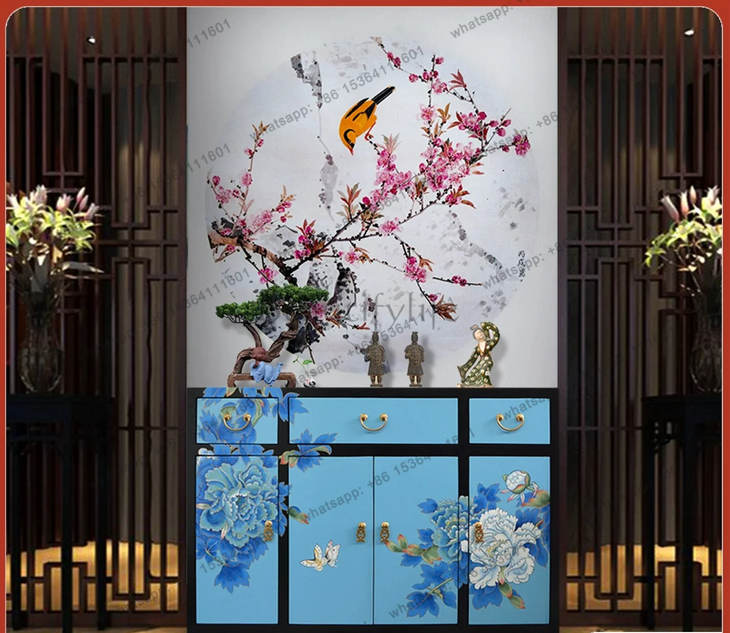 Designer New Chinese-style entrance cabinet Painted peony flower decorative cabinet Three buckets and four doors