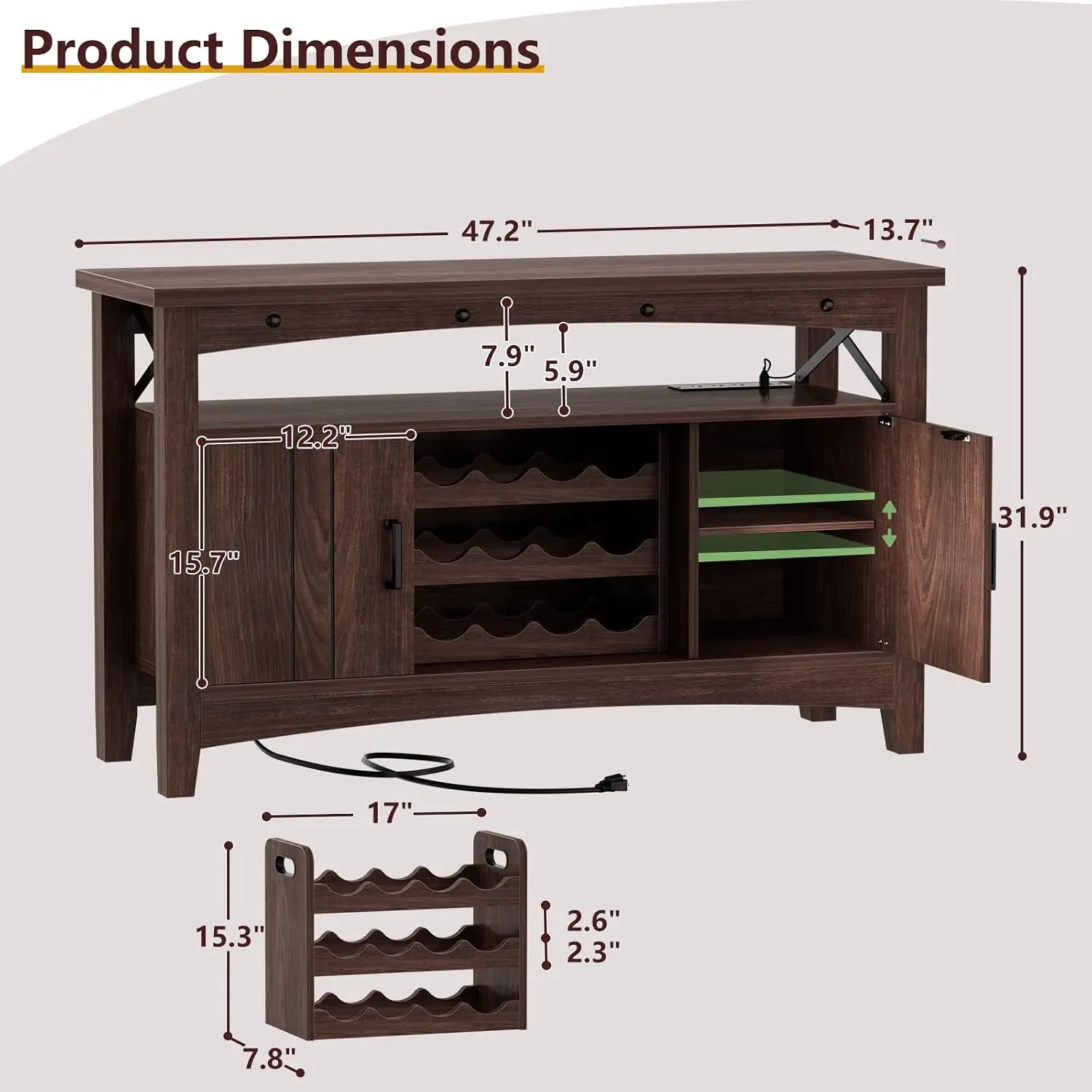 Farmhouse Coffee Bar Cabinet with LED Lights & Outlets, Wine Storage Cabinet with Movable Rack, 47.2