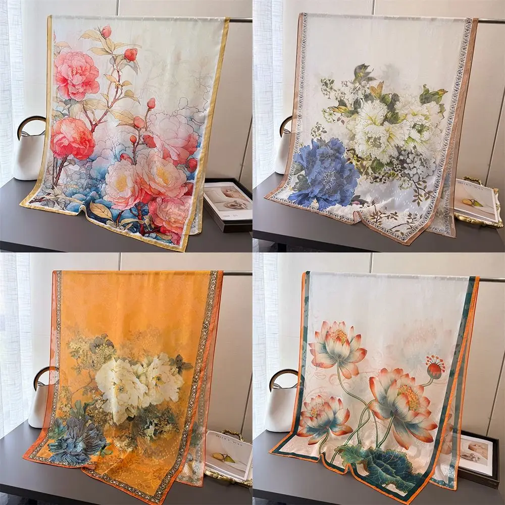 

Fashion 180*70cm Women Silk Scarf Peony Flower Soft Women Head Scarf Sunscreen Luxury Female Shawl Wrap Summer