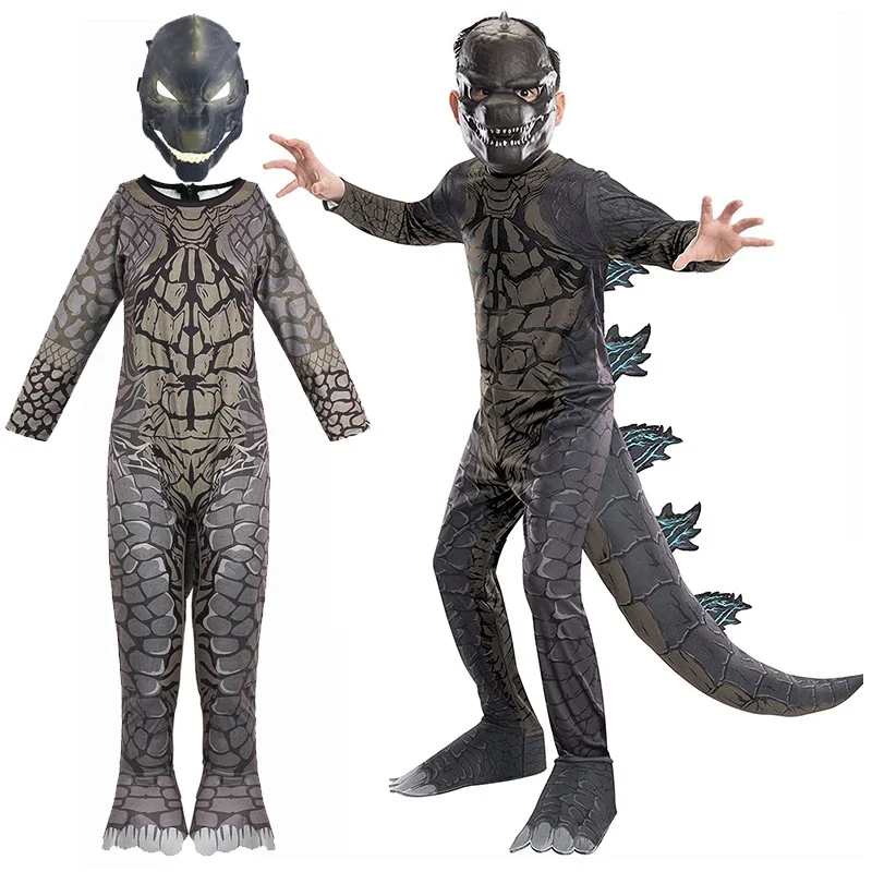 2024 New Goldzilla Jumpsuit Cosplay Costumes with Mask Dinosaur Jumpsuit for Children Birthday Gift Halloween Role Play Dress