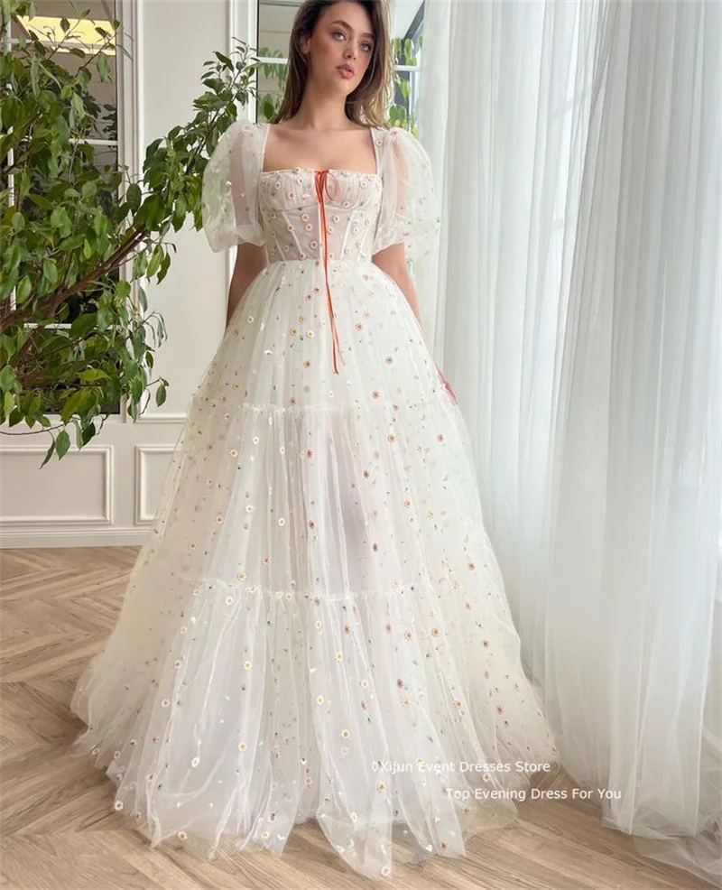 Xijun Fairy White Tulle Evening Dress Puff Sleeves Prom Dresses Floor Length A-Line Party Dress Flower Embroidery 2023 Prom Gown