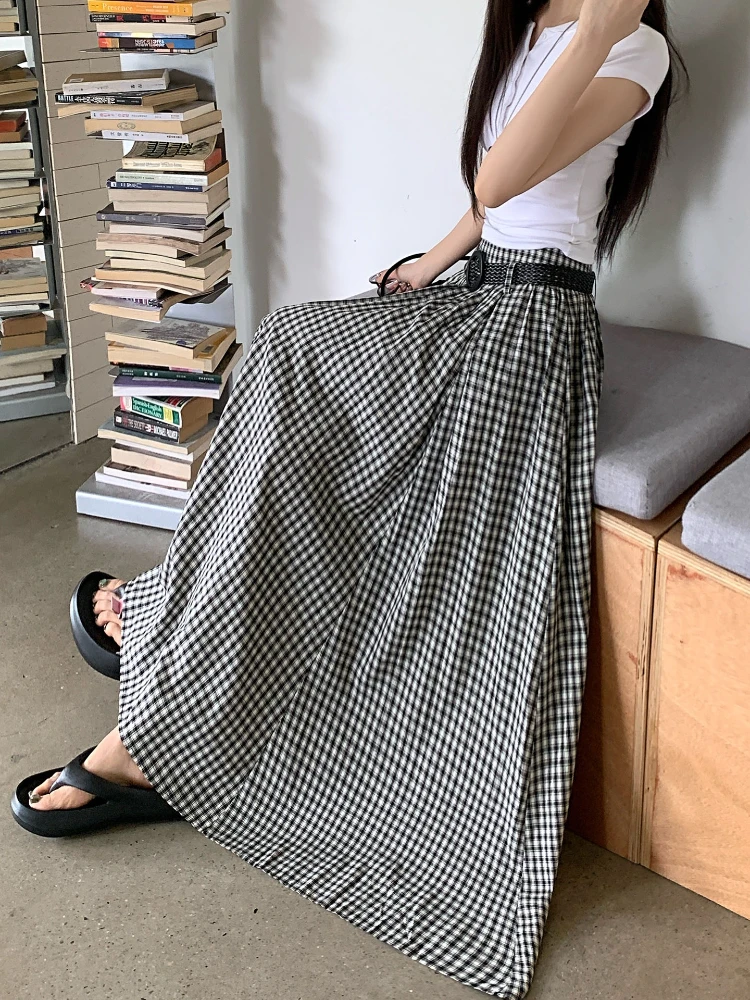 High Quality Black and White Skirt with Belt Korean Fashion High-waisted  A-line Skirt Female Elegant Pleated Long Faldas New