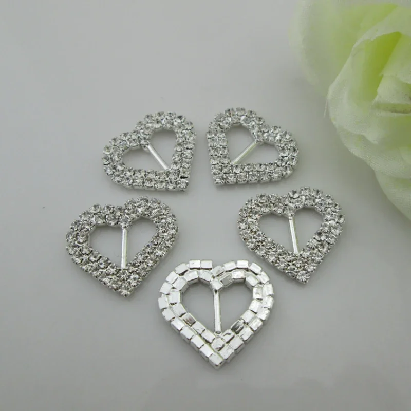 10pcs Double Heart Silver Rhinestone Ribbon Slider Buckle for Craft