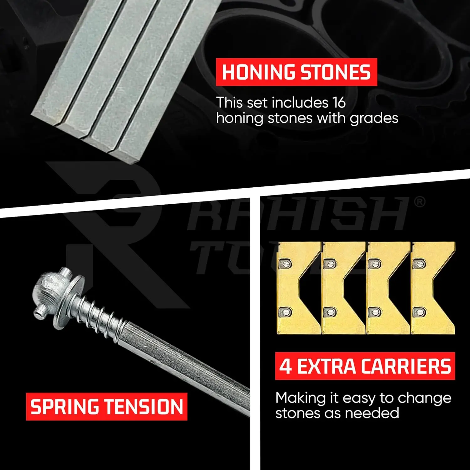 ylinder Hone Kit 2.5" to 5.5" with 4 Extra Carriers Adjustable Handheld Honing Machine Tool Kit with 16 Stones Sizes 4" x1/2" x1