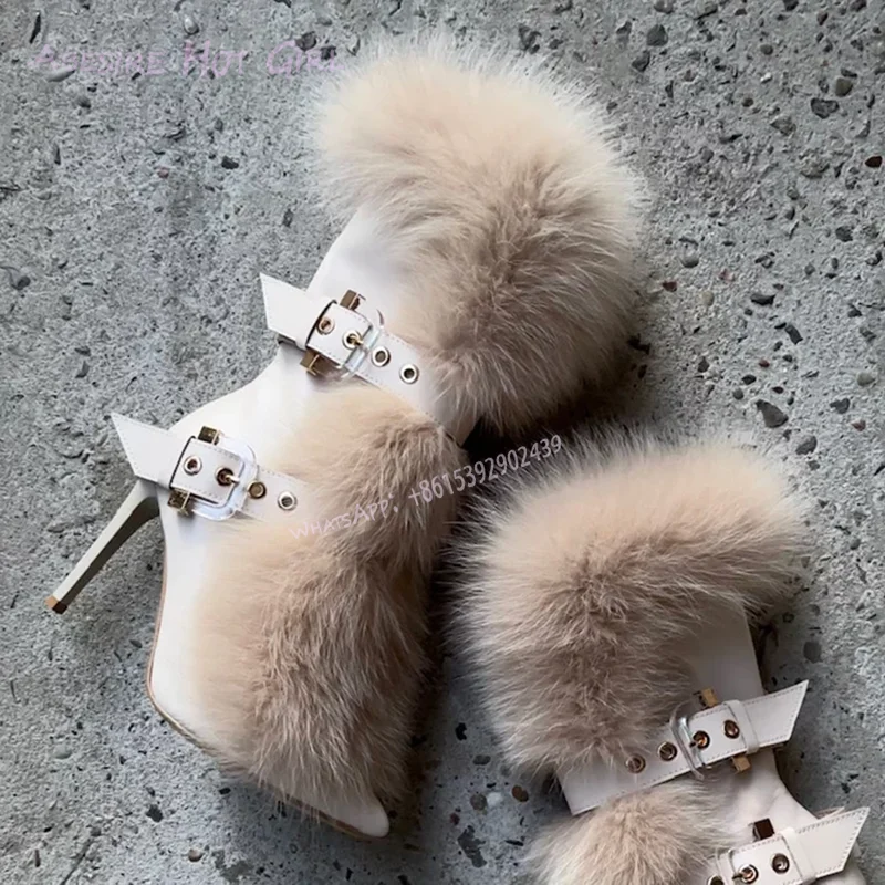 Brown Fur Pointed Toe White Leather Boots Women Striped Belt Buckle Cool Girl Calf Booties Tassel-Tie Cover Casual Zipper Shoes