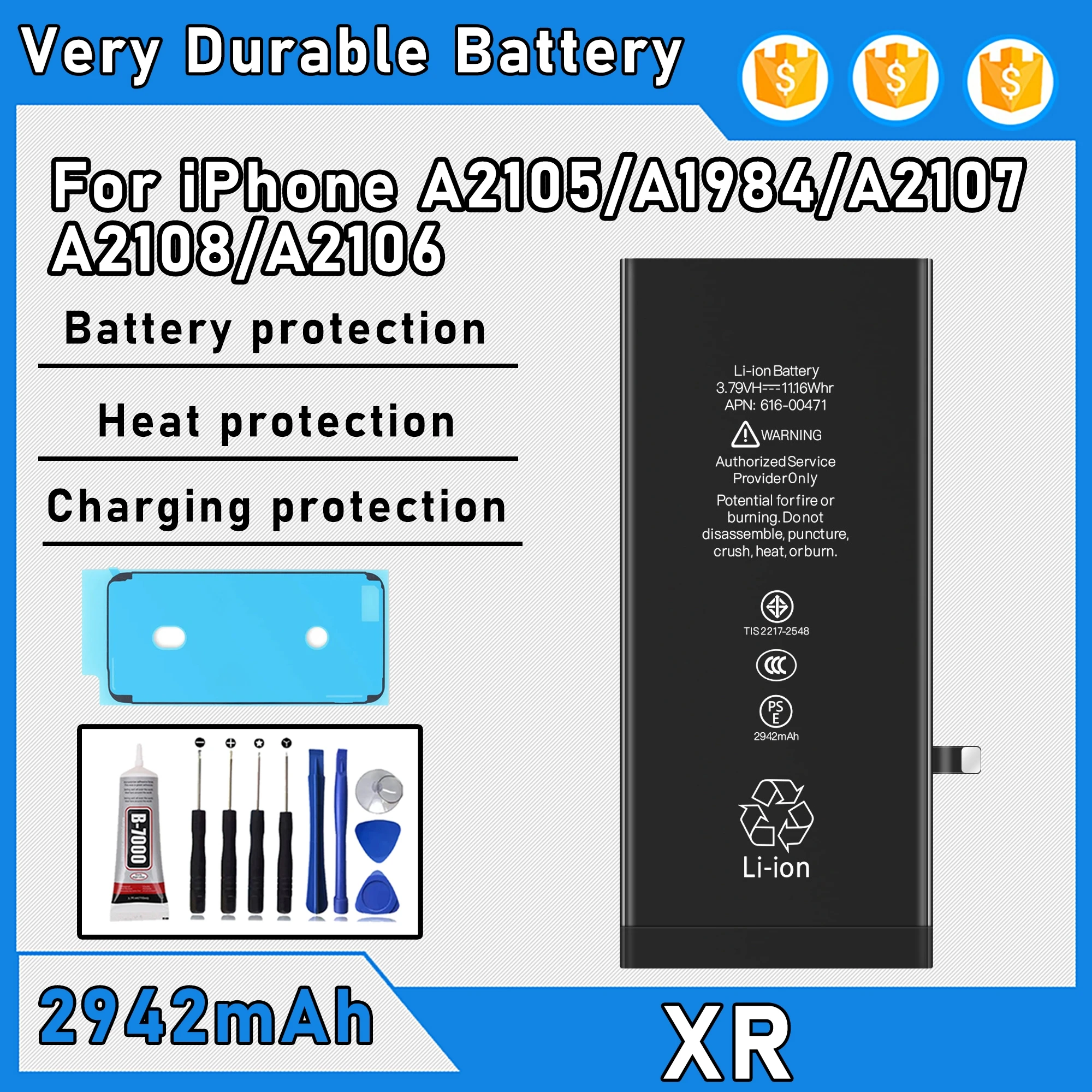

100% 0 Cycle High Capacity Battery For iPhone XR/A2105/A1984/A2107 Phone Bateria+Free Tool Kit