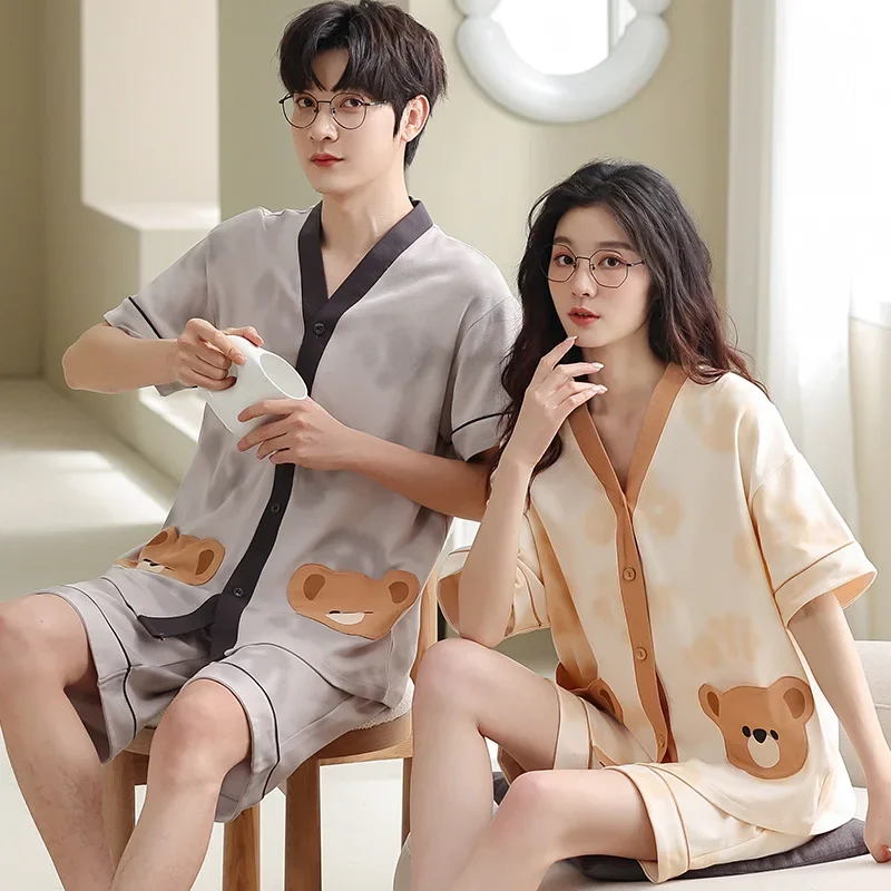 Bear Cartoon Cute Couples Cotton Pajamas Set Summer Shorts Cardigan Homewear Women and Men Matching Kimono Nightwear Dropship