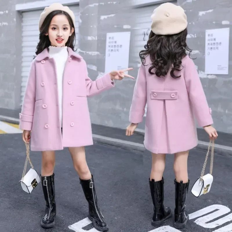 

4-12T Girls Wool Coats Jacket Outerwear Beautiful Warm Thicken Plus Velvet Overcoat Winter Autumn Cotton School Teenagers Blends