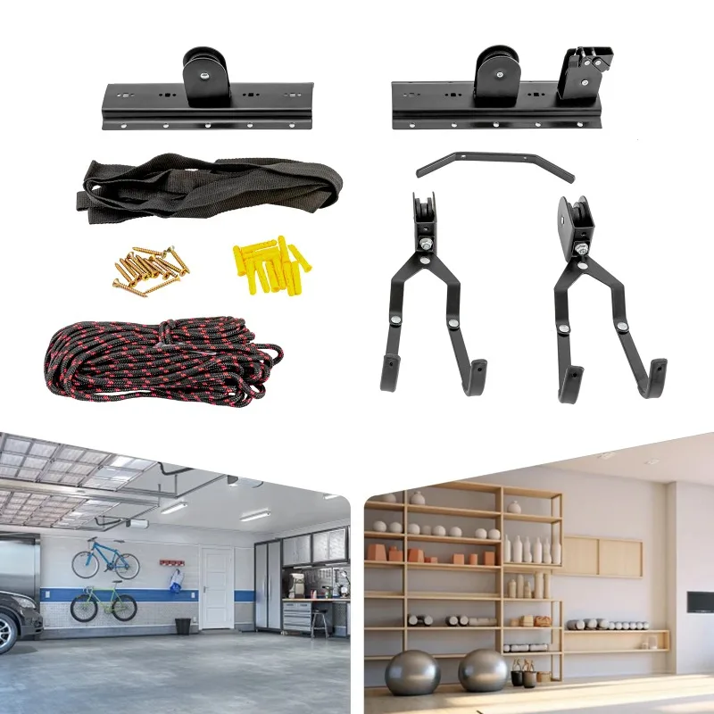 Ceiling Mount Bike Hoist Pulley System Bicycle Hanging Support Garage Bike Storage Organizer with Hook & Rope 2pcs