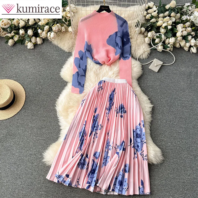 

Two Piece Temperament Set for Women, Light Mature Style, High-end Feeling, Long Sleeved Pleated Top+high Waisted Pleated Skirt