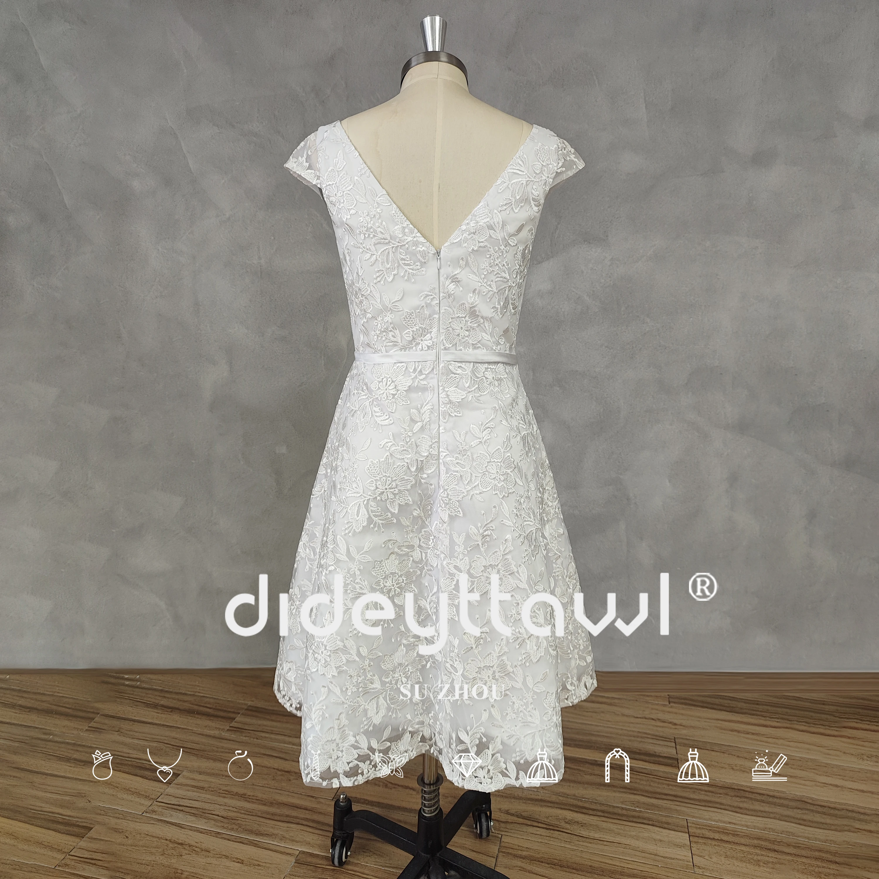 DIDEYTTAWL Real Pictures V-Neck Cap Sleeves Appliques Tulle Short Wedding Dress Zipper Back Mid-Calf Bridal Gown Custom Made