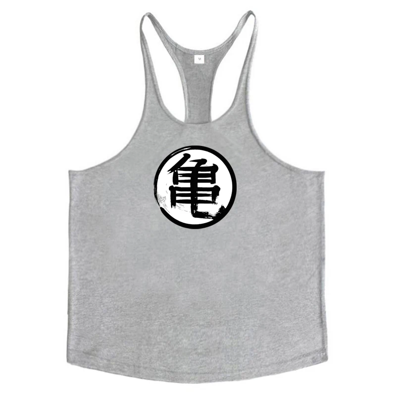 Japanese Anime Turtle Script Printed Mens Y Back Gym Clothing Cotton Fitness Tank Top Bodybuilding Muscle Stringer Singlets