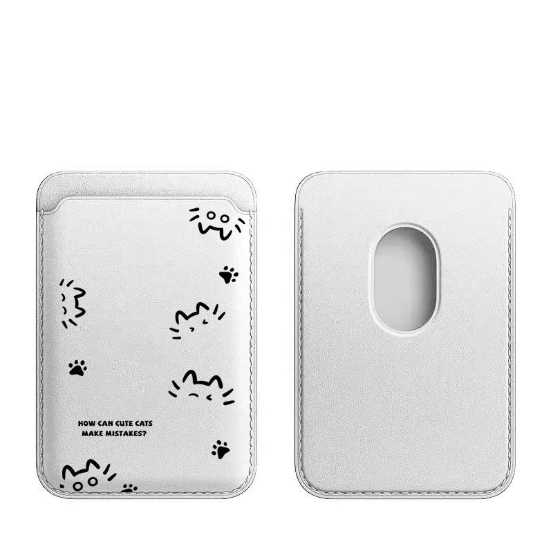 Simple Line Cat Cute for Magsafe Card for iPhone XIAOMI HUAWEI Samsung Case Leather Card Cover ID Subway Card Slot Accessories