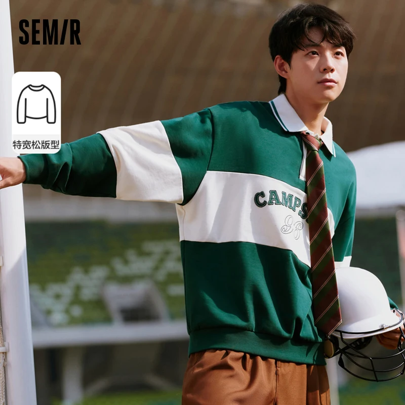 Semir Men Sweatshirt Autumn New Oversize Retro College POLO Collar Top  Contrast Color Splicing Trendy Sweater for Men