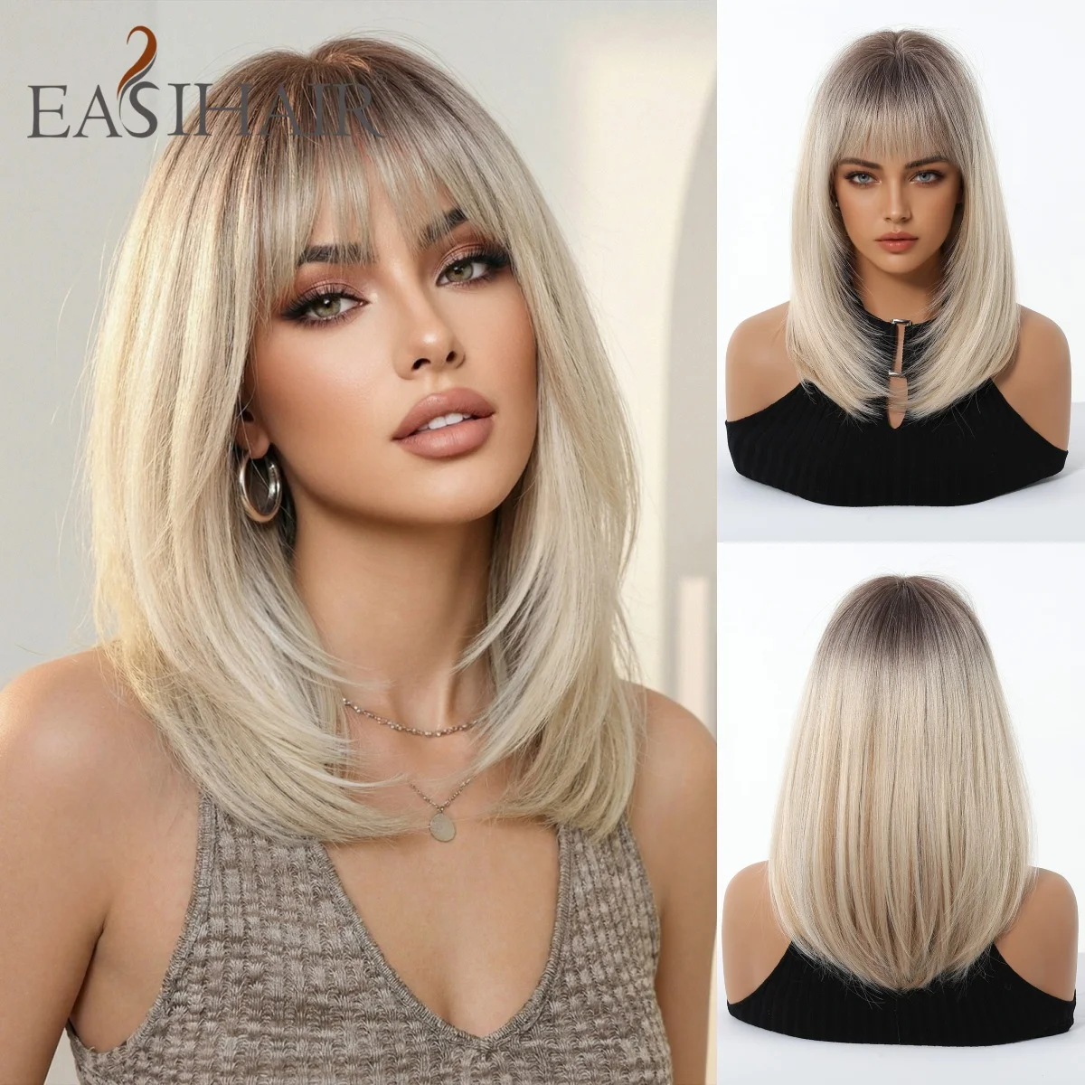 Ombre Blonde Bob-Perücke mit Pony, hitzebeständiges Kunsthaar, natürlich glatt, schulterlang, für Frauen, für den täglichen Gebrauch, für Partys, Cosplay
