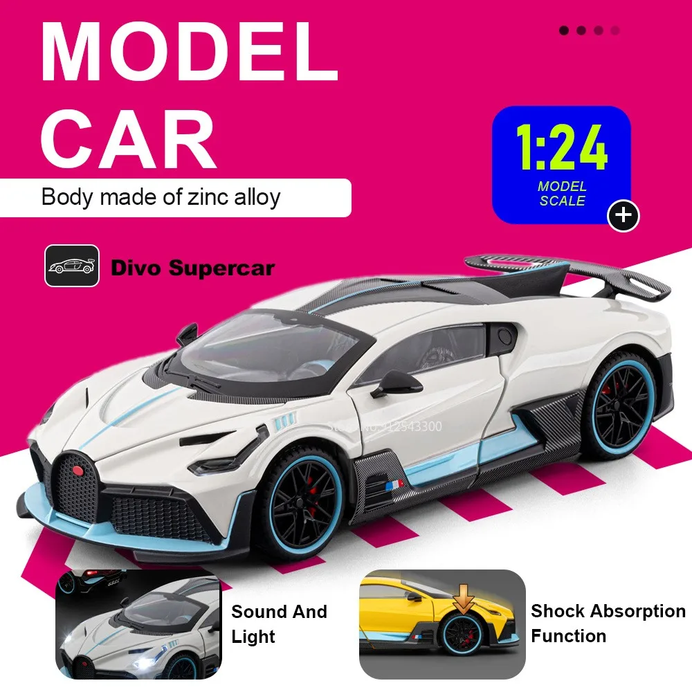 1:24 Scale Divo Atlantic Model Car Toy Sound Light Front Wheel Steer Vehicle Shock Absorption Pull Back Cars Desktop Decorations