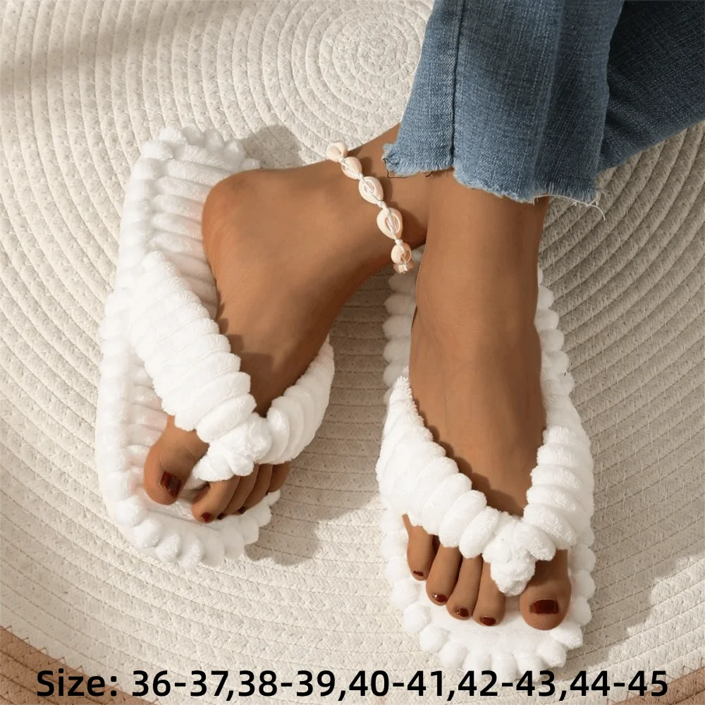 Neue Cord-Flip-Flop-Hausschuhe, rutschfeste, warme Zehentrenner-Hausschuhe mit flacher Sohle und offener Zehenpartie für den Innenbereich, Herbst-Winter. – Detail 1