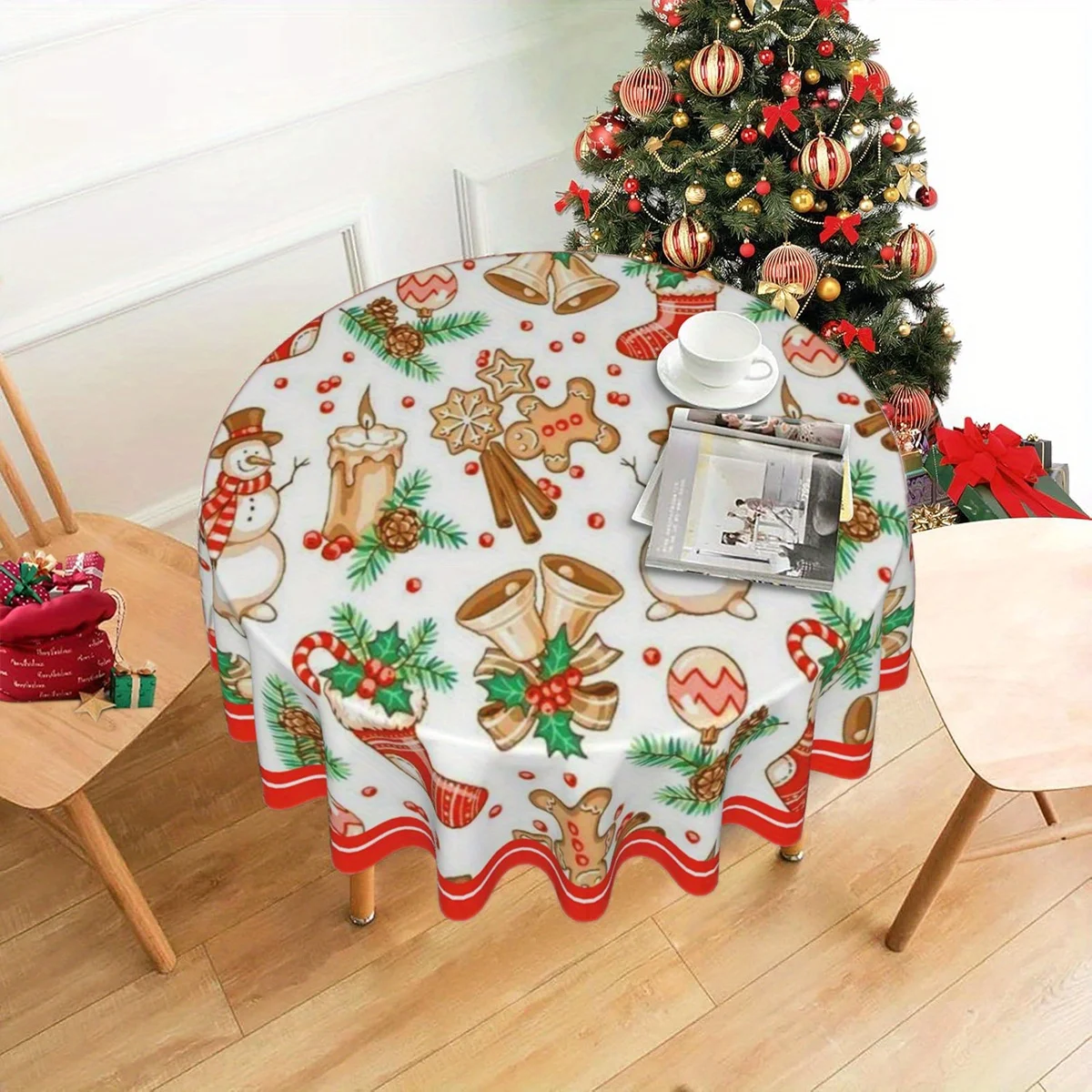 Gingerbread Christmas Round Tablecloth Washable Polyester, Holiday Party Home Kitchen Decor with Snowman Santa