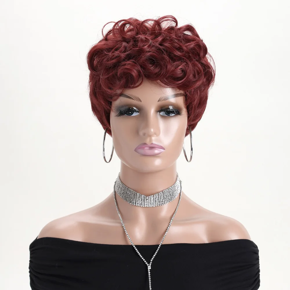 شعر مستعار قصير بيكسي للنساء ذوات البشرة السمراء، شعر صناعي مجعد طبيعي مموج أسود، شعر مستعار أنيق قصير أنثوي