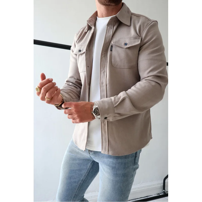 Casual Cotton Long Sleeve Shirt for Young Men Thickened Fleece Warm Winter Style Pocket Design Flip Collar All-Match  Color