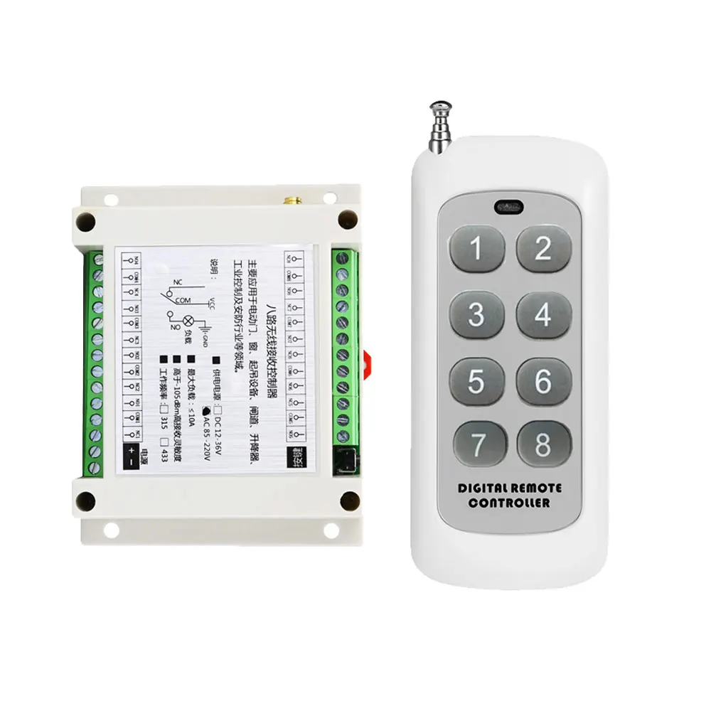 

433MHz 8-Channel DC12-24V RF Wireless Remote Control Switch Universal Learning Code for Motor Electric Door Electric Curtains