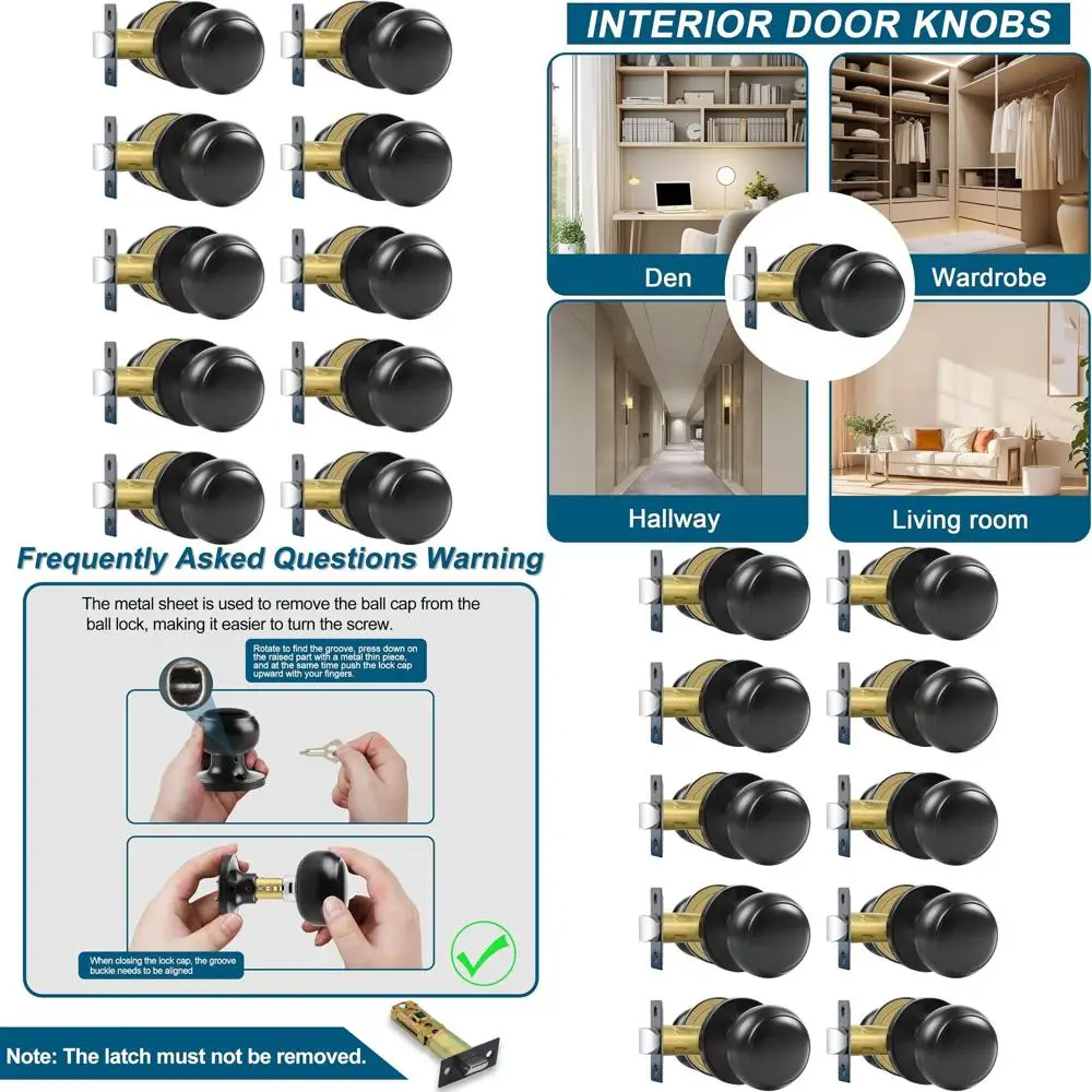 

Набор из 10 матовых черных дверных ручек для коридора и гардеробной, круглые ручки без замка с реверсивным дизайном
