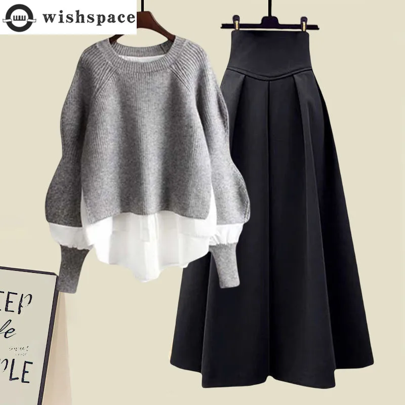 

Spring and Autumn New Set Women's 2023 Korean Version Slim Fake Two Piece Sweater High Waist Half Skirt Two Piece Set