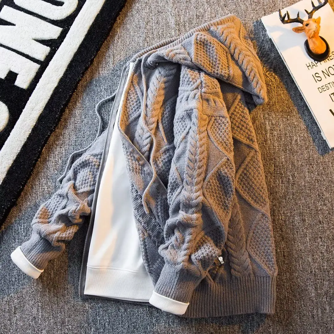 New Fashion England Style Hooded Streetwear Zipper Cardigan Autumn Winter Knitted Thick Sweater for Men with Hat Mens Clothes