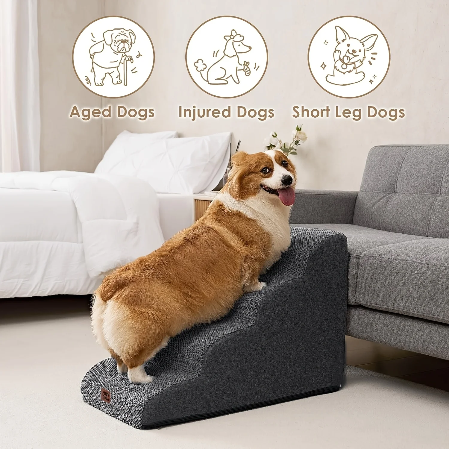 Level 3,4,5 Pet Dog Stairs for Small Dogs Cats, Pet Ramp High-Density 65D Memory Foam with Side Storage Pocket,Sturdy Climbing Ladder with Washable Cover, for Injured Senior Pets with Joint Pain, Gentle Slope Ramp for Bed, Sofa, for Corgi, Chihuahuas