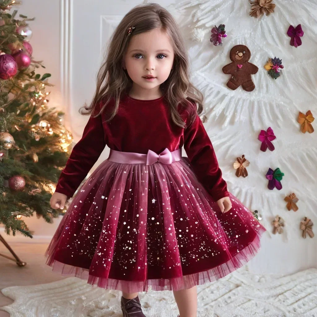 Baby Girls Long Sleeve Dress Autumn Winter Velvet Patchwork Stars Gradient Mesh Princess Dress Red Christmas Party Evening Gowns